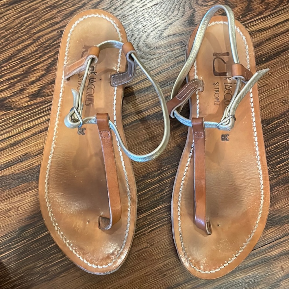 K Jacques St Tropez thong sandals, taupe and gold metallic.  Size 38.